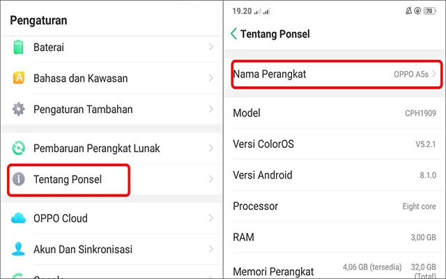 melihat versi hp oppo